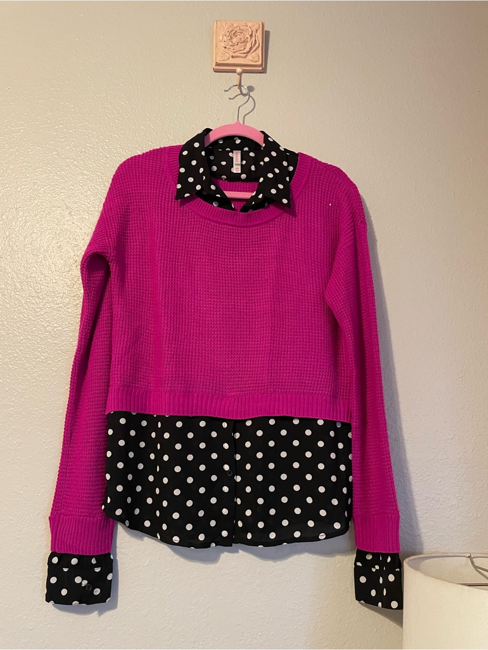 Xhilaration Fuchsia Knit Sweater with Black & White Polka Dot Shirt Layer